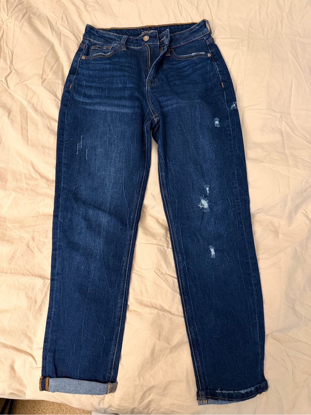 Fashion Nova Dark Wash Mom Jeans Cuffed Distressed